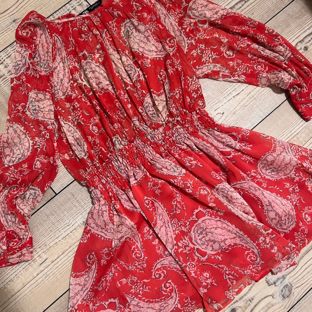 Zara Red and Pink Paisley Mini Dress